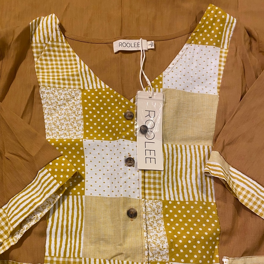 ROOLEE NWT MIDI DRESS SIZE L, MUSTARD BROWN WHITE PATTERNED ON CHEST AND SLEEVES
